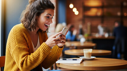 Happy young woman using smartphone in a cozy cafe