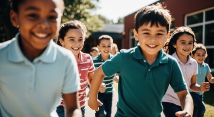 Diverse group of happy children running together outdoors in school yard. Excited multiethnic kids playing and racing during recess. Active childhood and friendship concept.