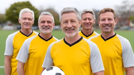 A diverse group of five smiling senior men dressed in yellow and grey soccer jerseys stand together on a bright green field with a soccer ball embodying team spirit and active senior lifestyle