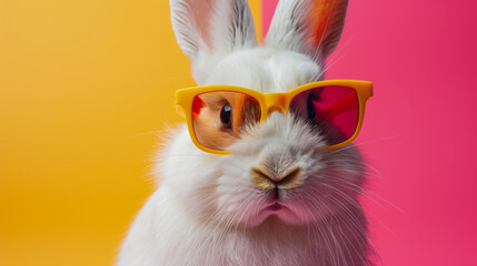 A charming white bunny poses in vibrant yellow sunglasses against a soft golden yellow background. The sleek glasses and warm tones give this image a modern