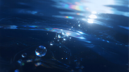 Fototapeta premium Water Droplets, Sunlight Reflection, Blue Background, Rainbow Effect, Nature Closeup