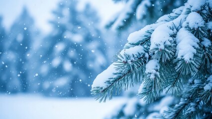 Close up of evergreen tree branches heavily laden with fresh white snow during a gentle winter snowfall in a cold forest setting