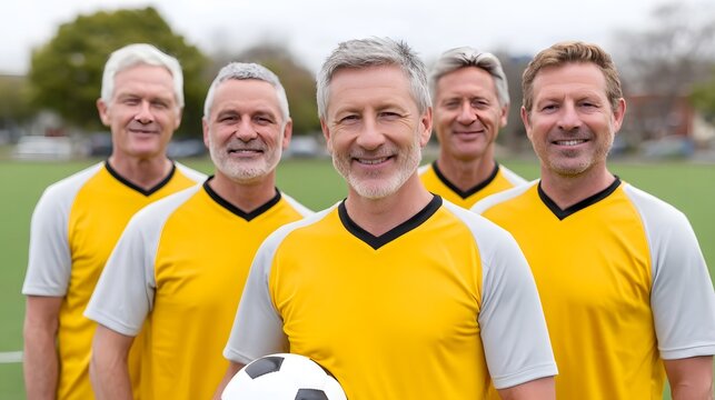 A diverse group of five smiling senior men dressed in yellow and grey soccer jerseys stand together on a bright green field with a soccer ball embodying team spirit and active senior lifestyle - Powered by Adobe