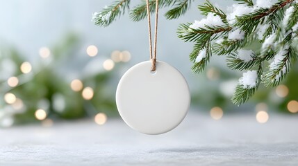 A festive scene featuring a blank white circular ornament suspended from a frosted pine branch adorned with soft blurred festive lights ideal for personalized Christmas designs