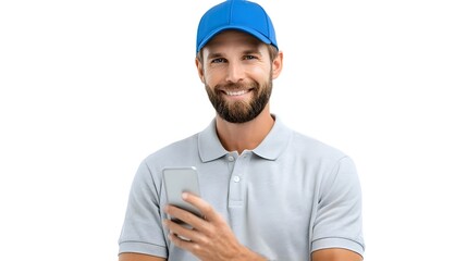 A happy professional man with a beard wearing a blue baseball cap and grey polo shirt holds a mobile phone and smiles directly at the viewer