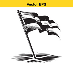 Waving checkered flag on pole, black and white illustration