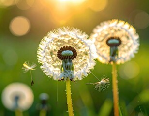 Dandelions, sunlight, seeds drifting in summer meadow