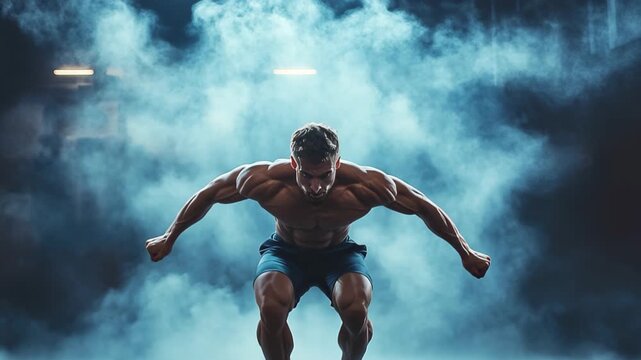 Jump burpee exercise showcased in a dynamic athletic performance with a fit individual leaping into the air amidst a dramatic misty backdrop