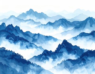 Blue watercolor mountain range; ethereal, misty peaks
