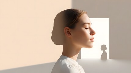 Profile of a peaceful woman with closed eyes illuminated by warm sunlight casting soft shadows contemplating her inner thoughts beside a subtle silhouette in a minimalist interior