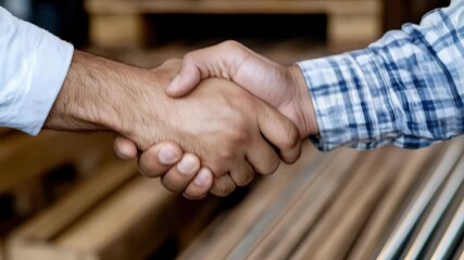 Two individuals shake hands inside a woodworking workshop, symbolizing a successful agreement or partnership. Tools and wooden materials are visible in the background.