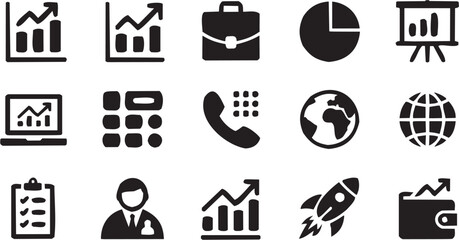 Business and Communication Icons Including Phones and Globes. A black-and-white illustration representing connectivity.