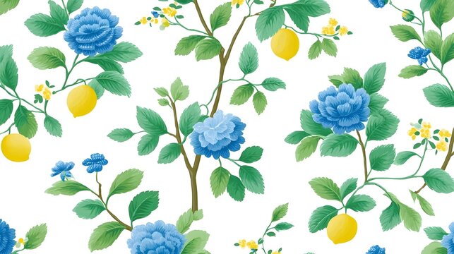 Vibrant watercolor illust n of blue hydrangeas and yellow lemons with green leaves on branches forming a fresh decorative botanical pattern on a white background