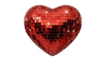 Red heart disco ball isolated PNG, sparkling love symbol for Valentine s Day party decoration and romantic events on transparent background