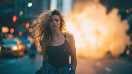 Naklejka premium Strong young woman with windblown hair standing confidently in front of a dramatic fiery explosion on a city street at dusk, vibrant firelight illuminating her silhouette