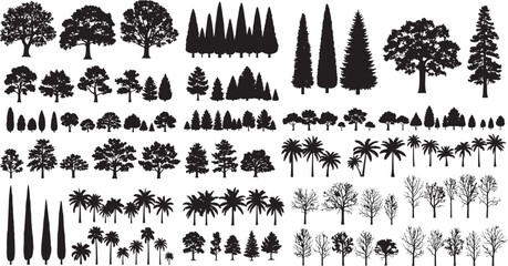Collection of black silhouette trees and plants for landscape or forest design