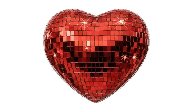 Red heart disco ball isolated PNG, sparkling love symbol for Valentine s Day party decoration and romantic events on transparent background