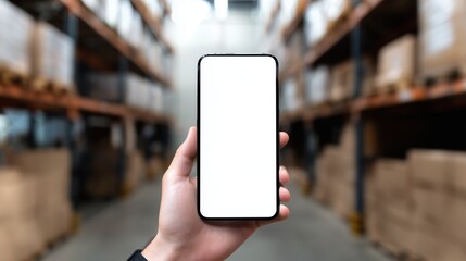 Smartphone Mockup in Warehouse Aisle – Logistic Inventory Technology Display
