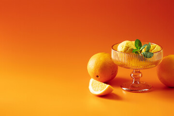 Orange ice cream scoops in a vintage glass on a vibrant orange background.