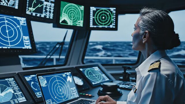 Female ship captain reviewing radar data on a laptop at the helm of a vessel, Modern maritime navigation: Captain navigating a ship