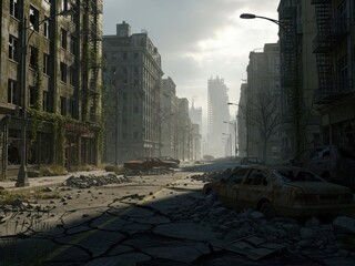 Post apocalyptic city street with abandoned cars and destroyed buildings