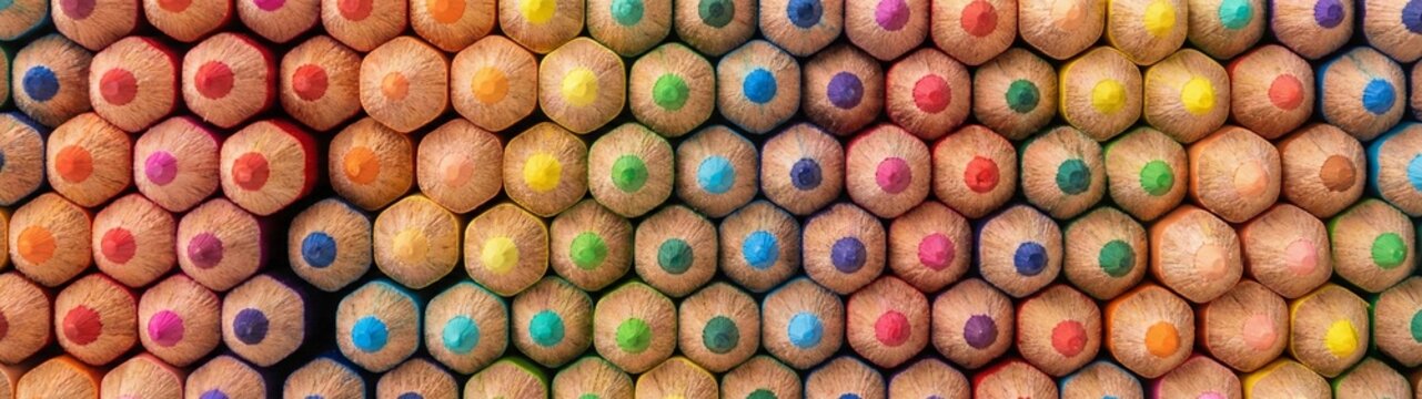 Vibrant close-up of many colorful pencil tips.