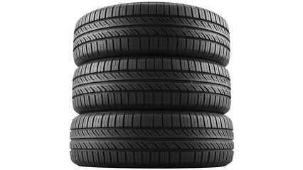 Stack of three black car tires isolated PNG, new rubber automobile tyres for vehicle maintenance and replacement on transparent background © Eoin