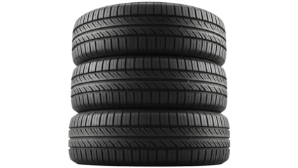 Stack of three black car tires isolated PNG, new rubber automobile tyres for vehicle maintenance and replacement on transparent background