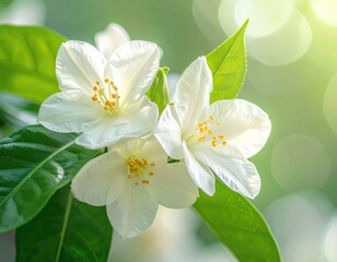 White blooms with yellow stamen against blurred green foliage