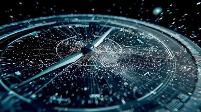 Dynamic close up compass needle points direction in digital space