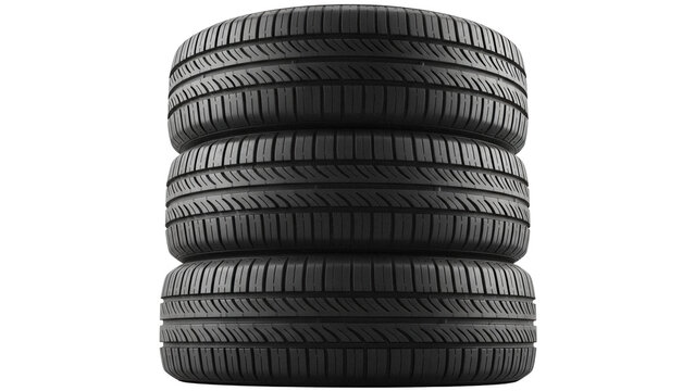 Stack of three black car tires isolated PNG, new rubber automobile tyres for vehicle maintenance and replacement on transparent background