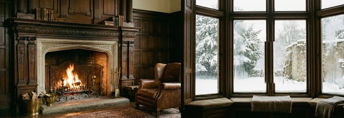 Cozy Winter Scene with Fireplace and Snowy Window View