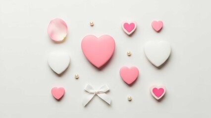 Obraz premium Collection of pink and white hearts rose petal and pearls romantic symbols for Valentines Day or wedding design flat lay