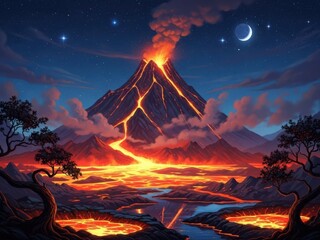 Spectacular volcanic eruption with lava flowing down the mountain at night