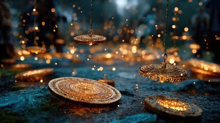 Countless glowing particles descend like rain, arranging themselves into detailed, floating mandala patterns