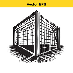 Soccer goal on white background, linocut style graphic