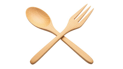Wooden spoon and fork crossed isolated PNG, rustic kitchen utensils on transparent background, eco-friendly tableware for food photography