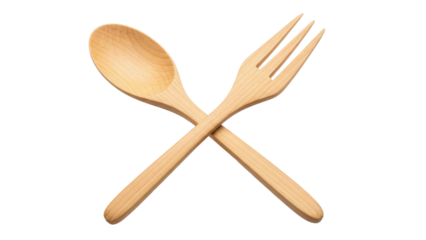 Wooden spoon and fork crossed isolated PNG, rustic kitchen utensils on transparent background, eco-friendly tableware for food photography
