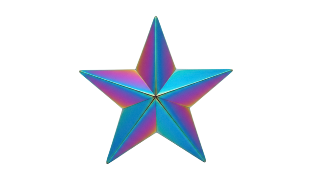 Iridescent five-pointed star PNG isolated on transparent background, colorful metallic starburst for graphic design and decoration use - Powered by Adobe