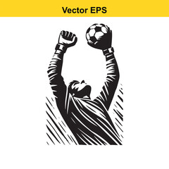 Goalkeeper raises soccer ball in victory gesture, stylized graphic art