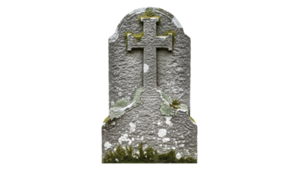 Weathered stone grave marker with cross isolated PNG, ancient headstone covered in moss and lichen on transparent background