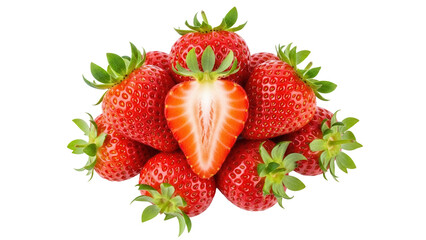 Pile of fresh red strawberries with green leaves and one cut in half isolated PNG, delicious summer fruit for healthy eating and dessert