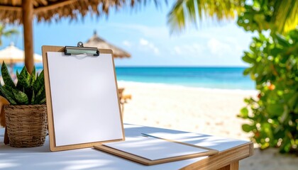 Clipboard Mockup on Beach Table Sea View with Summer Vacation.