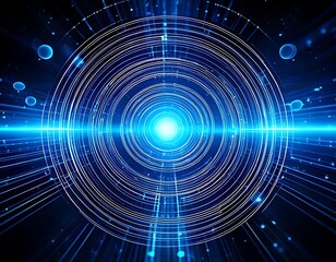 Obraz premium Futuristic concentric circles with a bright center and blue beams, digital rendering with floating orbs