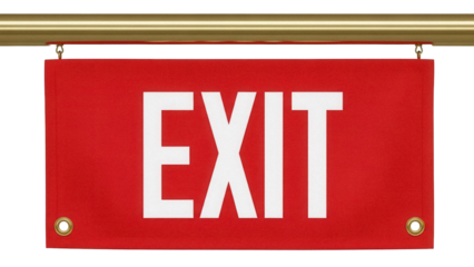 Red exit sign PNG isolated on transparent background, emergency direction indicator for safety and evacuation guidance