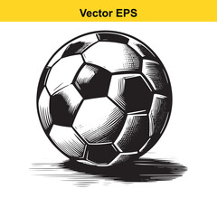 Classic black and white soccer ball illustration with hatching and shadow