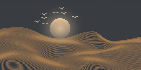 Vector abstract art landscape mountain with birds and sunrise with gold line art texture isolated on dark gray black background.