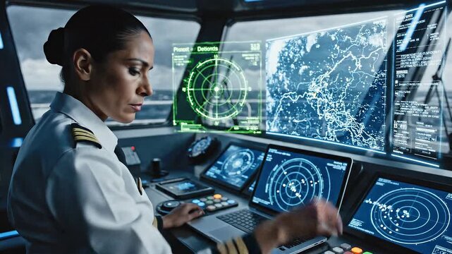 Female ship captain reviewing radar data on a laptop at the helm of a vessel, Modern maritime navigation: Captain navigating a ship