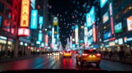 Vibrant city street at night with neon lights, cars and raindrops on window, creating cinematic urban atmosphere in rainy weather.