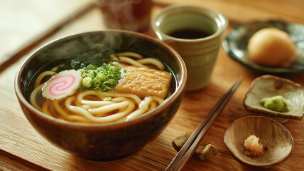 木の卓上に、きつねうどんと小鉢が並んだあたたかな定食スタイルの構図